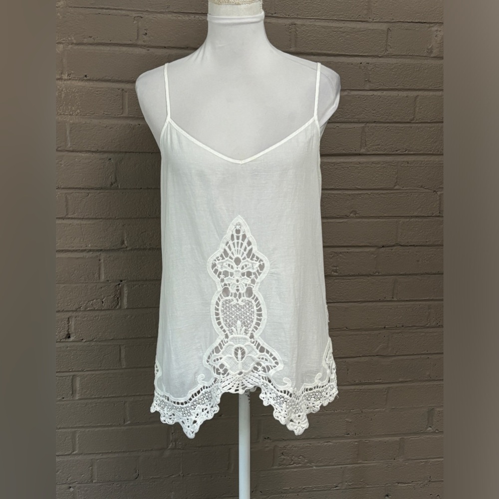 Anthropologie White Crocheted-Trim Spaghetti Strap Tank